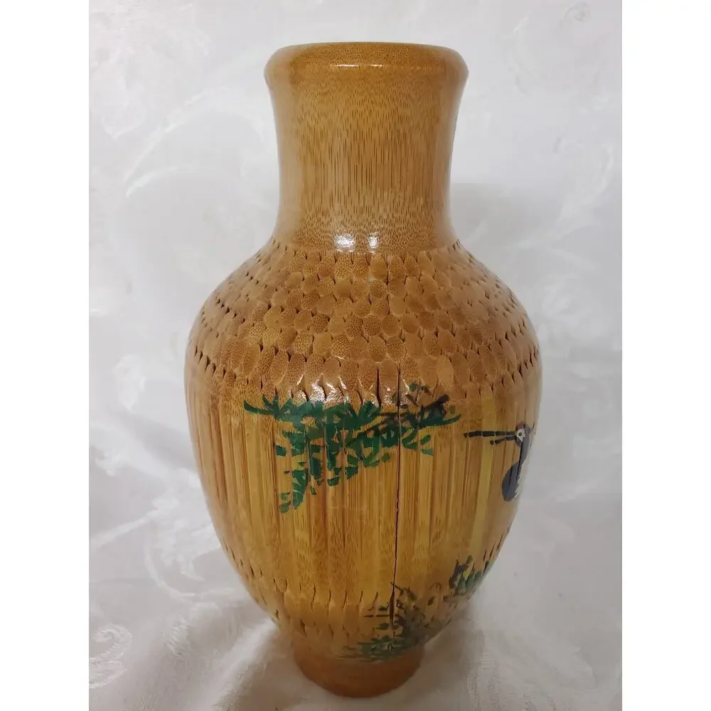 Vintage Chinese Porcelain Crane Vase Covered Intricately Woven Bamboo Rattan
